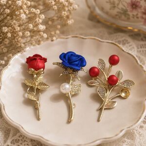 Gold Tone Floral Brooch Lot of 3, Rose Rhinestone Pearl Berry Statement Pins
